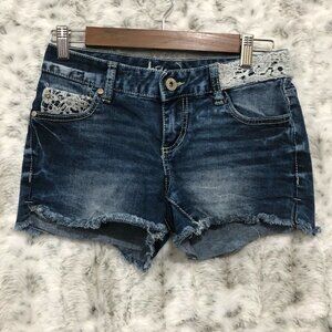 Ariya Jeans Womens Size 3/4 Denim Shorts Med Wash Raw Hem Lace Overlay